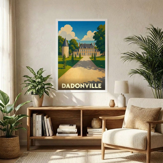 Affiche souvenir de la ville de Dadonville présentant une illustration stylisée d'un château.