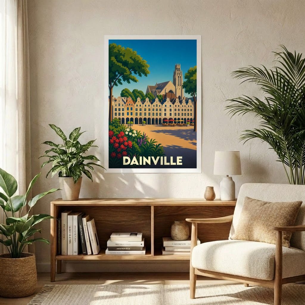 Affiche souvenir de la ville de Dainville avec une illustration stylisée.