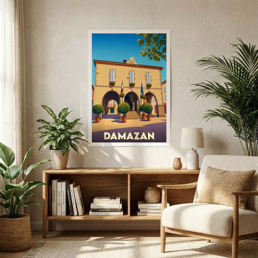 Affiche souvenir de la ville de Damazan présentant une illustration stylisée de sa mairie dans un cadre de décoration intérieure.