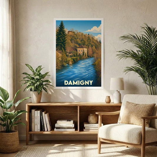 Affiche souvenir de la ville de Damigny illustrant un paysage de rivière et de maisons anciennes au cœur de la nature.