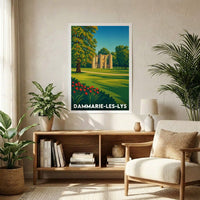 Affiche souvenir de la ville de Dammarie-les-Lys avec une illustration stylisée des ruines de l'abbaye dans un parc.