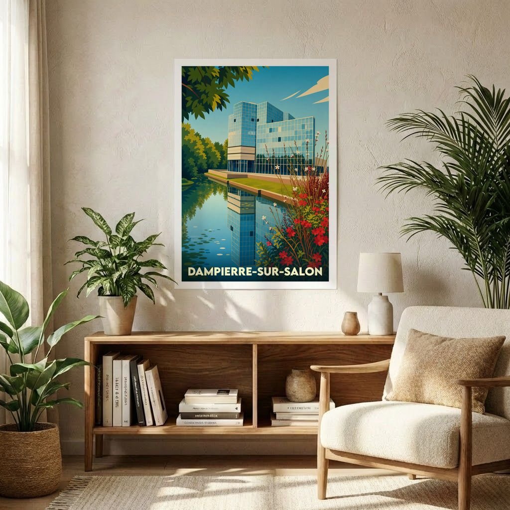 Affiche souvenir de la ville de Dampierre-sur-Salon avec une illustration stylisée d'un bâtiment moderne au bord de l'eau.