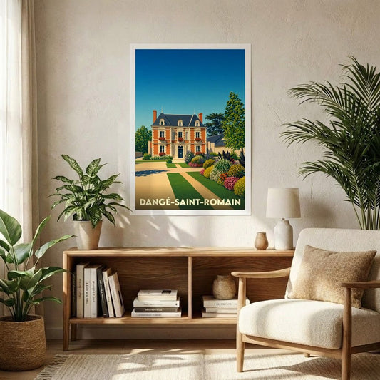 Affiche souvenir de la ville de Dangé-Saint-Romain avec une illustration stylisée d'une demeure bourgeoise fleurie.