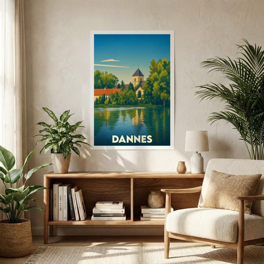 Affiche souvenir de la ville de Dannes avec une illustration stylisée d'un paysage lacustre.