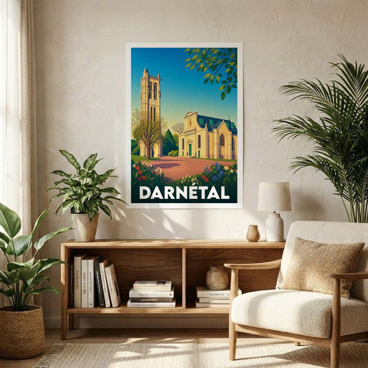 Affiche souvenir de la ville de Darnétal représentant son église et son clocher dans un style illustré.
