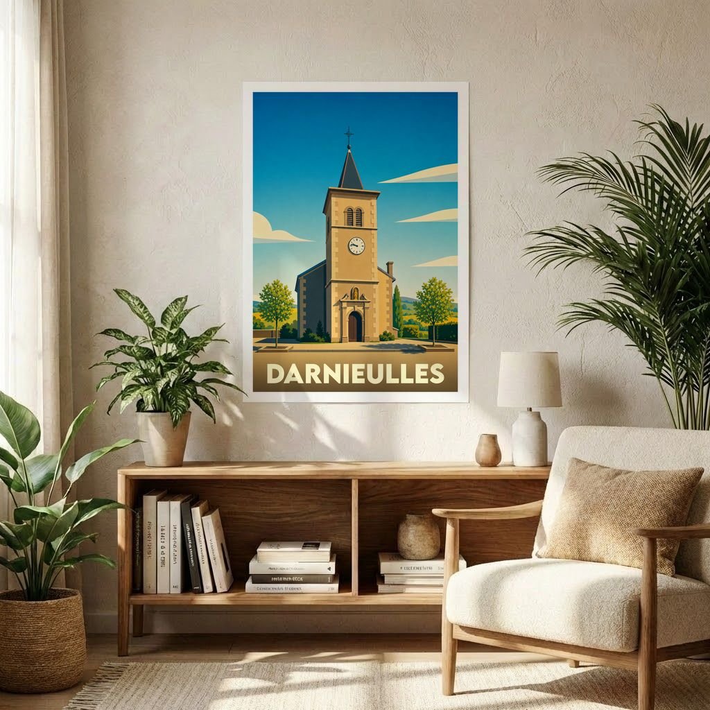 Affiche souvenir de la ville de Darnieulles avec une illustration stylisée d'une église sous un ciel bleu.