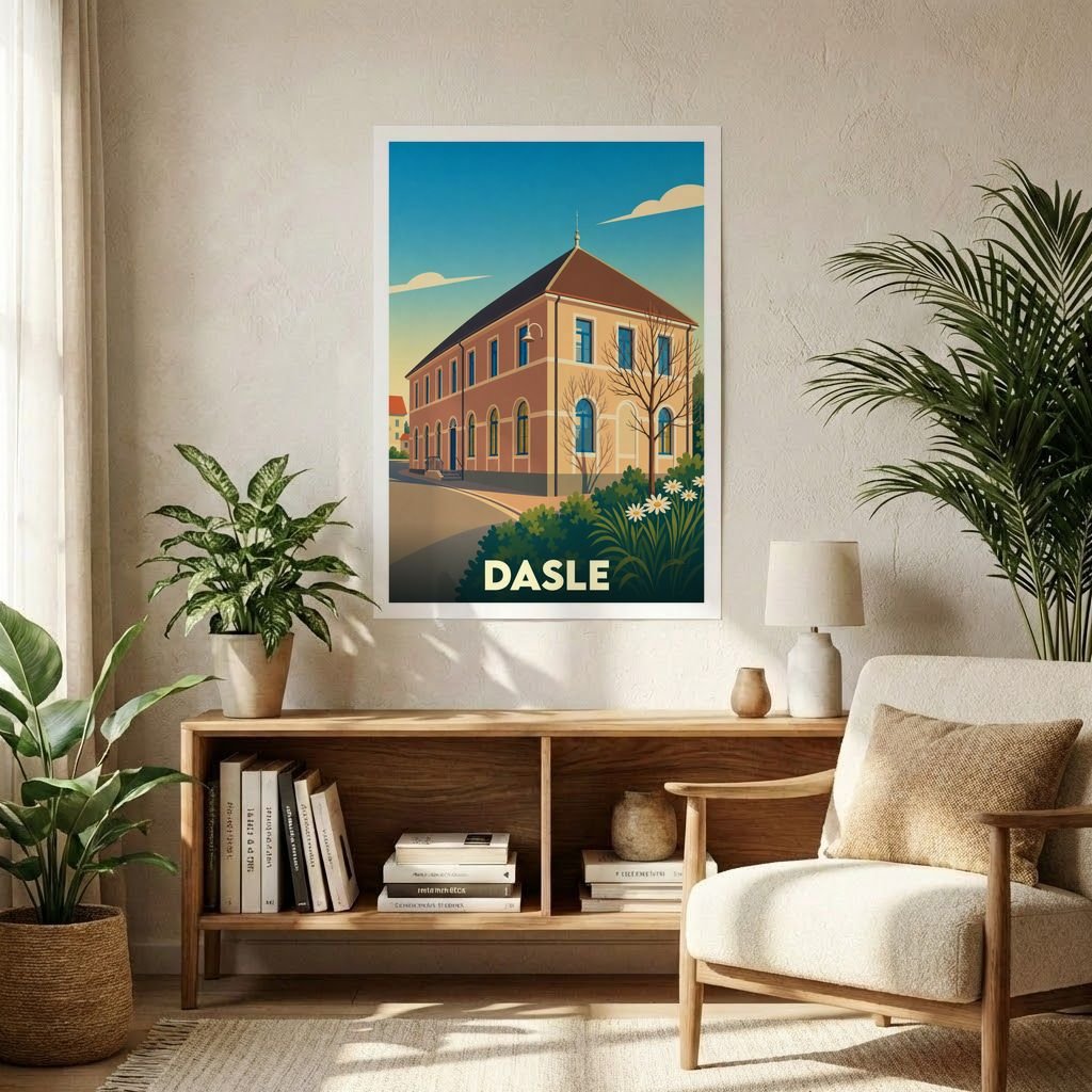 Affiche souvenir de la ville de Dasle présentant une illustration stylisée de son architecture locale.