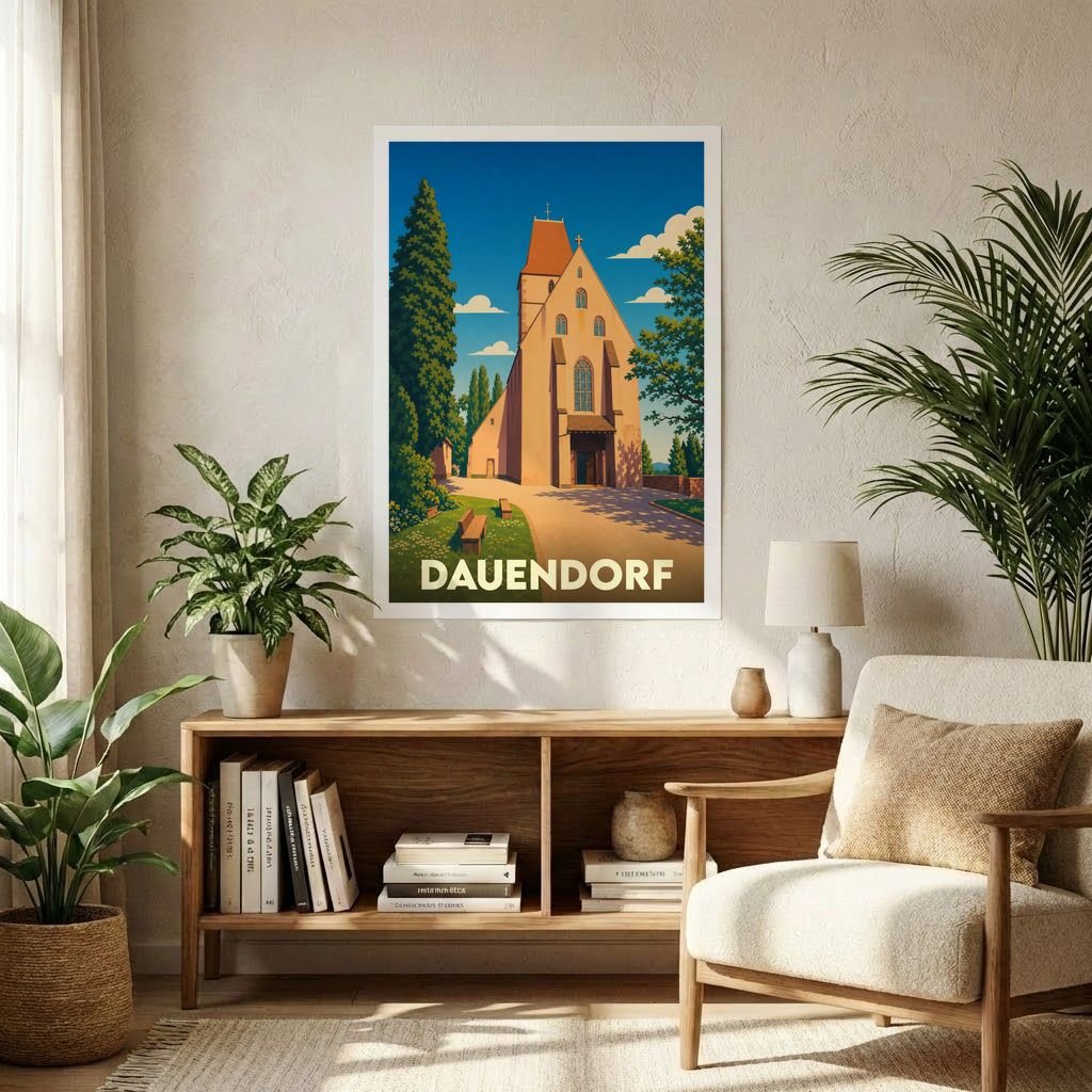 Affiche souvenir de la ville de Dauendorf avec une illustration stylisée de son église sous un ciel bleu.