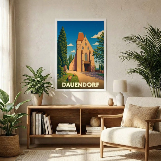 Affiche souvenir de la ville de Dauendorf avec une illustration stylisée de son église sous un ciel bleu.