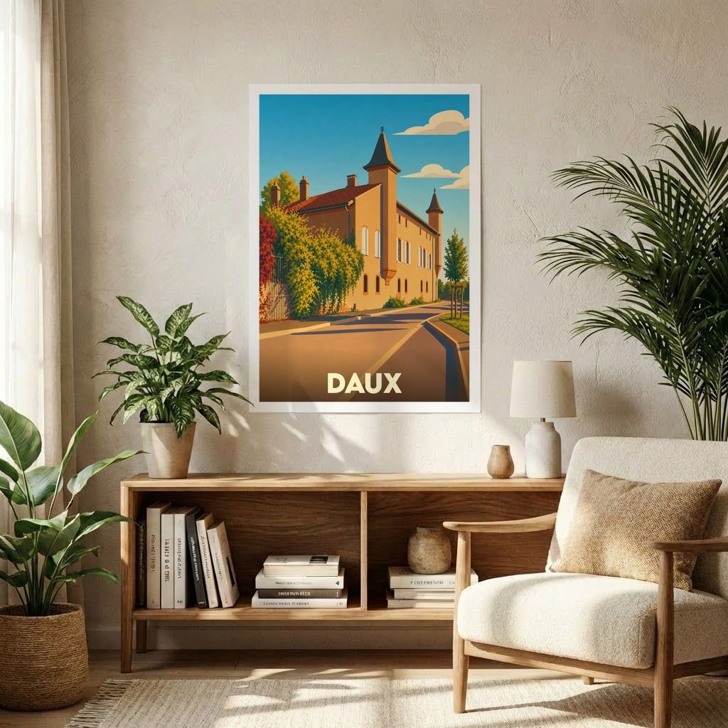 Affiche souvenir de la ville de Daux représentant une demeure historique illustrée dans un style vintage.