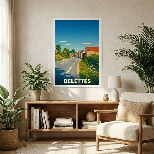 Affiche souvenir de la ville de Delettes avec une illustration stylisée d'une route de campagne bordée de maisons.