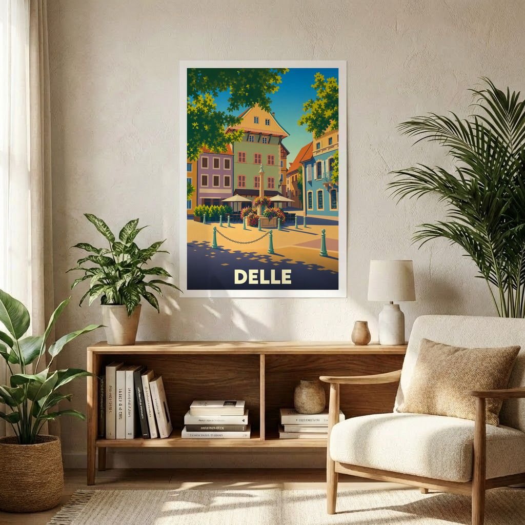 Affiche souvenir de la ville de Delle avec une illustration stylisée et colorée.