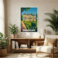 Affiche souvenir de la ville de Demigny avec une illustration stylisée de son château.