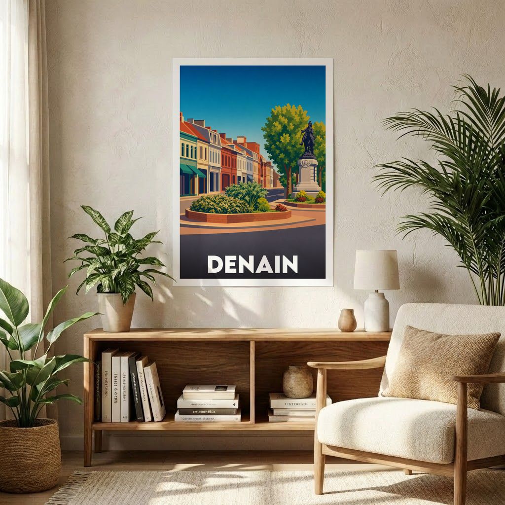 Affiche souvenir de la ville de Denain avec une illustration stylisée.