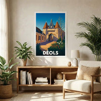 Affiche souvenir de la ville de Déols avec une illustration stylisée représentant une porte médiévale fortifiée.