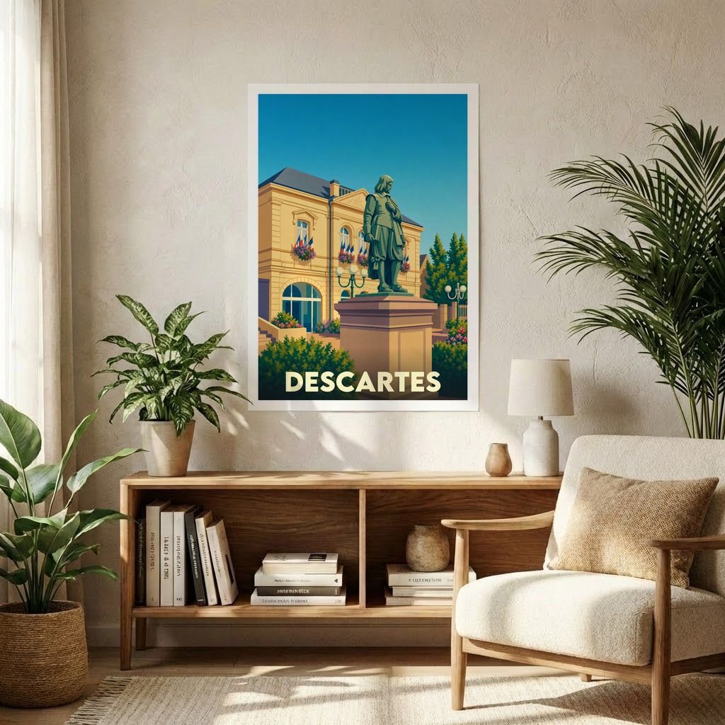 Affiche souvenir de la ville de Descartes représentant la statue du philosophe devant l'hôtel de ville dans un style graphique rétro.
