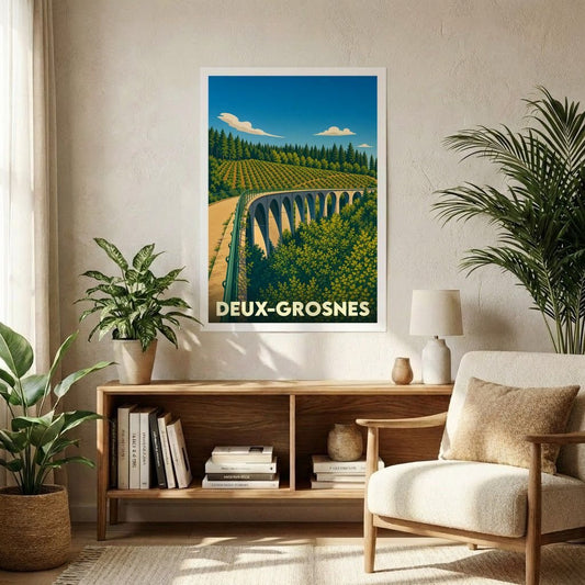 Affiche souvenir de la ville de Deux-Grosnes avec une illustration stylisée d'un viaduc serpentant à travers une forêt vallonnée.