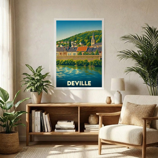 Affiche souvenir de la ville de Deville avec une illustration stylisée représentant un paysage de bord de rivière.