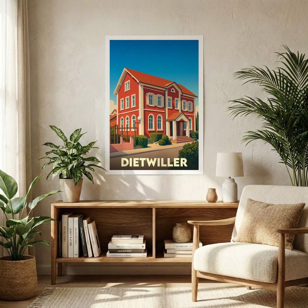 Affiche souvenir de la ville de Dietwiller avec une illustration stylisée d'un bâtiment rouge typique.