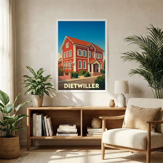 Affiche souvenir de la ville de Dietwiller avec une illustration stylisée d'un bâtiment rouge typique.