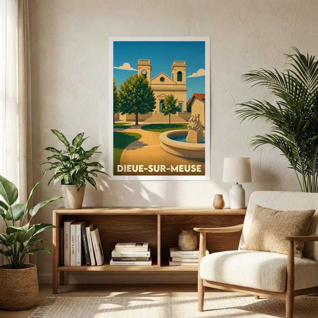 Affiche souvenir de la ville de Dieue-sur-Meuse avec une illustration stylisée d'une église et d'une fontaine.
