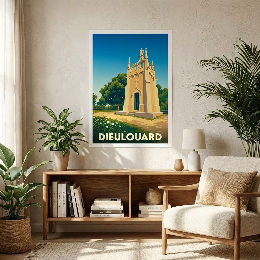 Affiche souvenir de la ville de Dieulouard avec une illustration stylisée de sa chapelle.