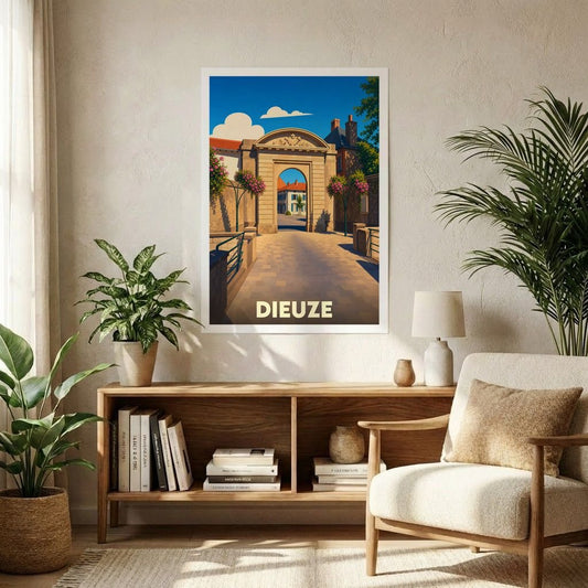 Affiche souvenir de la ville de Dieuze avec une illustration stylisée d'une porte historique.