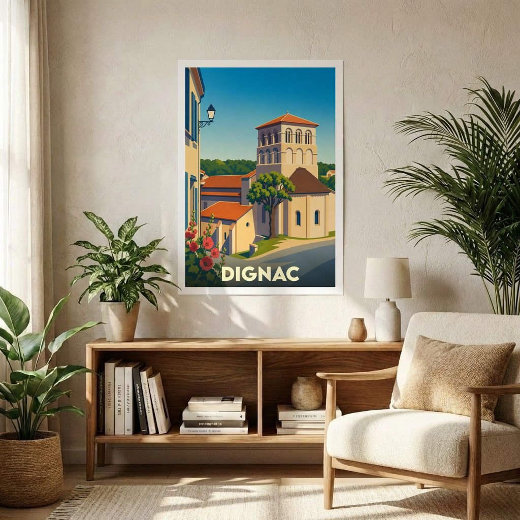 Affiche souvenir de la ville de Dignac présentant une illustration stylisée et colorée de son architecture.