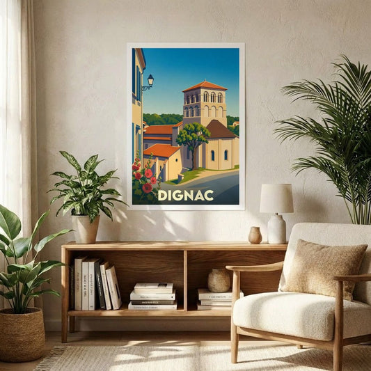 Affiche souvenir de la ville de Dignac présentant une illustration stylisée et colorée de son architecture.