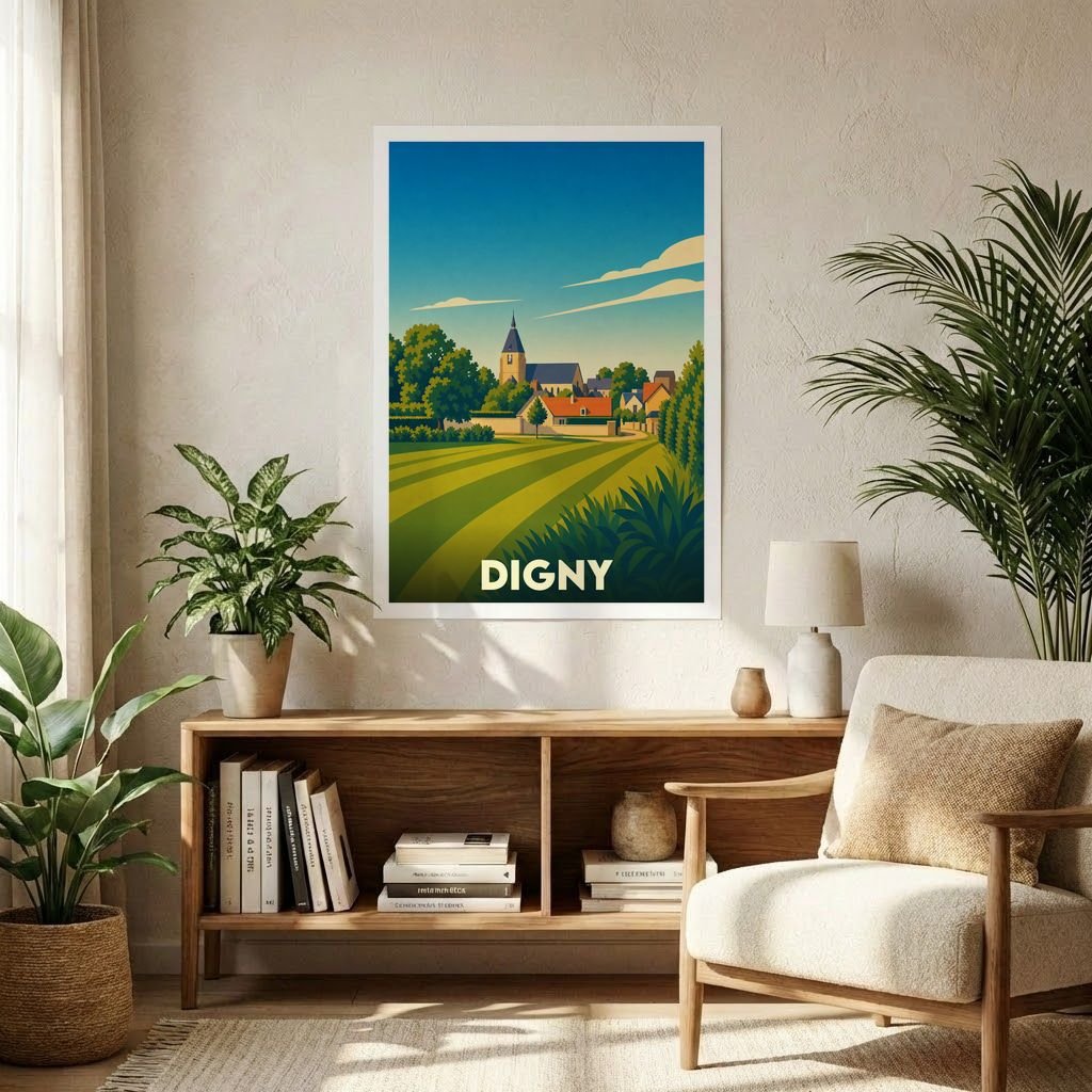 Affiche souvenir de la ville de Digny avec une illustration stylisée.