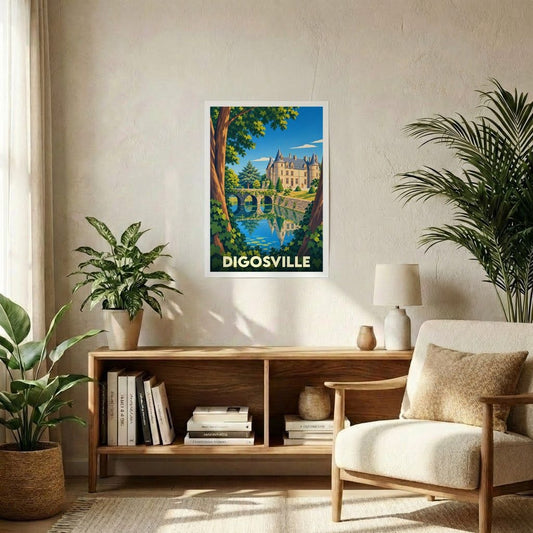 Affiche souvenir de la ville de Digosville représentant son château avec une illustration stylisée.