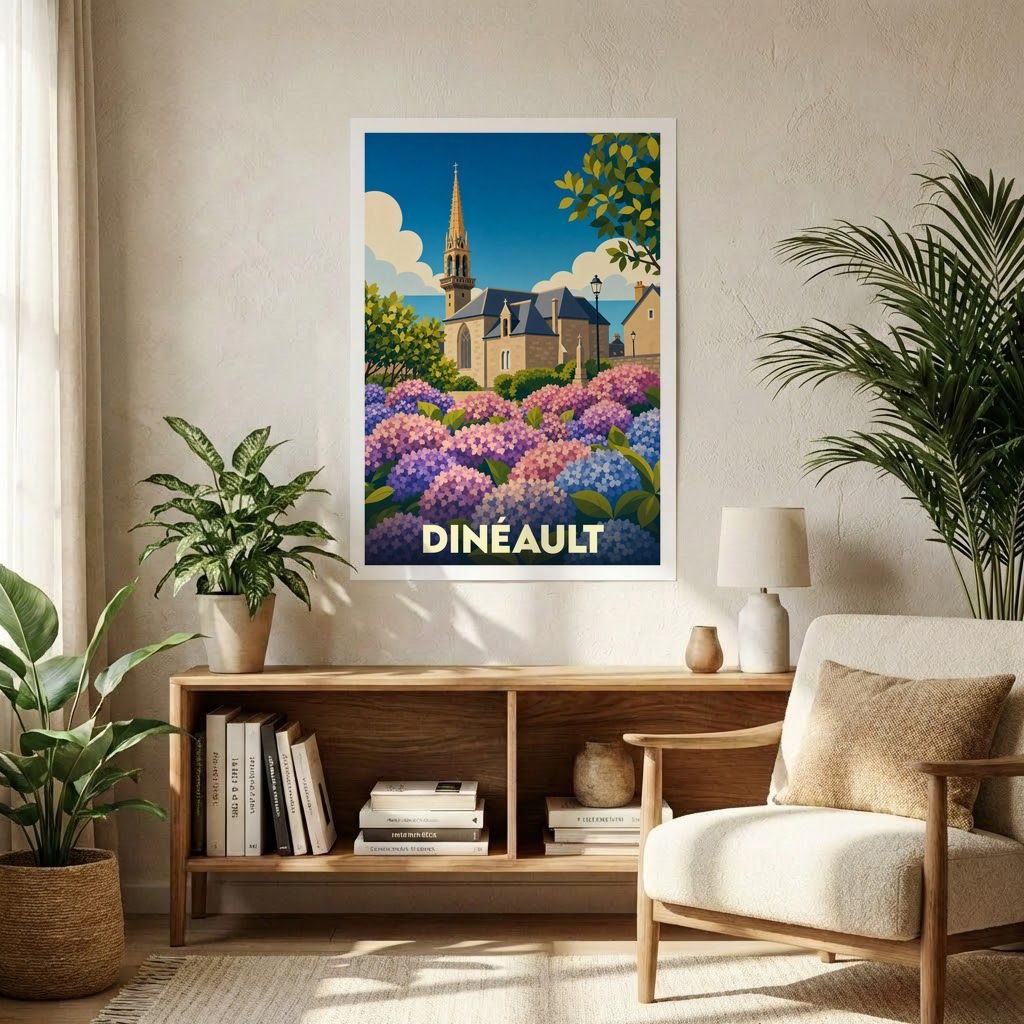 Affiche souvenir de la ville de Dinéault avec une illustration stylisée d'une église bordée d'hortensias colorés.