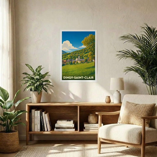Affiche souvenir de la ville de Dingy-Saint-Clair avec une illustration stylisée de son paysage montagneux.