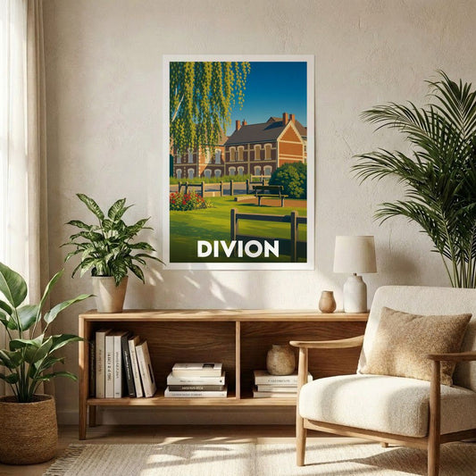 Affiche souvenir de la ville de Divion avec une illustration stylisée d'un paysage urbain verdoyant.