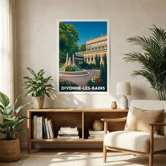Affiche souvenir de la ville de Divonne-les-Bains avec une illustration stylisée d'une fontaine et d'un bâtiment historique.