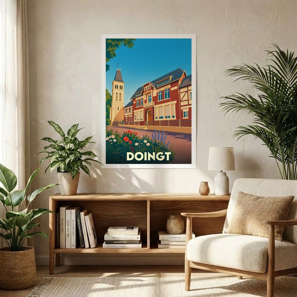 Affiche souvenir de la ville de Doingt avec une illustration stylisée d'architecture locale.