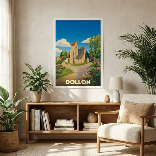 Affiche souvenir de la ville de Dollon avec une illustration stylisée.