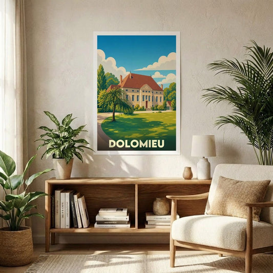 Affiche souvenir de la ville de Dolomieu avec une illustration stylisée d'un manoir.