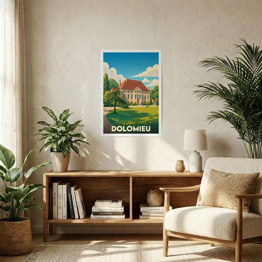 Affiche souvenir de la ville de Dolomieu avec une illustration stylisée d'un château entouré de verdure.
