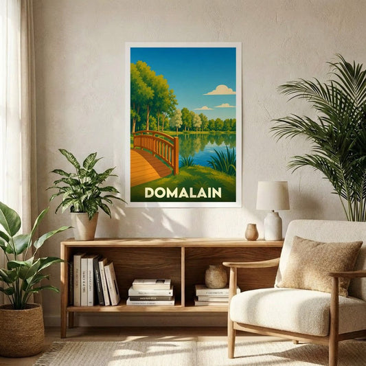 Affiche souvenir de la ville de Domalain représentant un pont en bois au bord d'un lac dans un style graphique épuré.