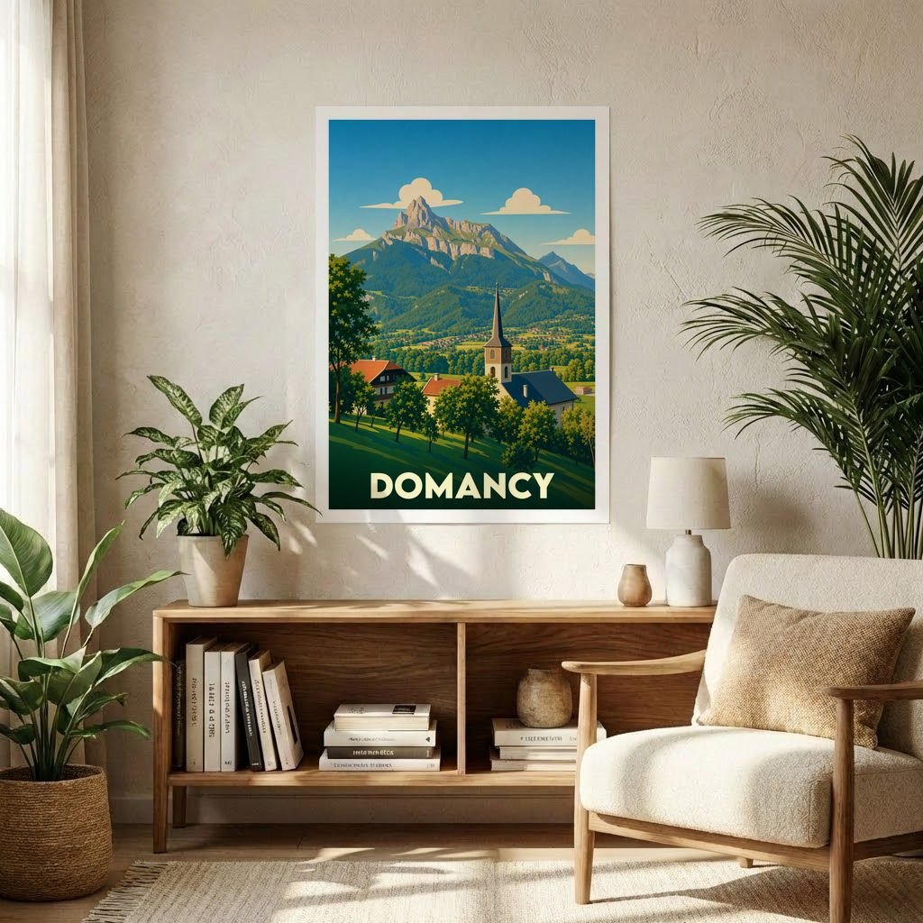 Affiche souvenir de la ville de Domancy avec une illustration stylisée de ses montagnes et de son église.
