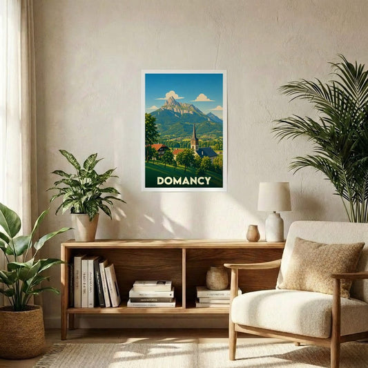 Affiche souvenir de la ville de Domancy avec une illustration stylisée d'un paysage de montagne.