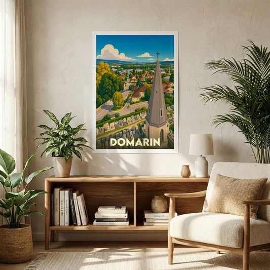 Affiche souvenir de la ville de Domarin avec une illustration stylisée.