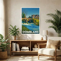 Affiche souvenir de la ville de Domblans avec une illustration stylisée représentant un pont et un château.