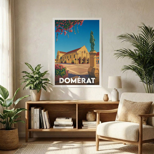 Affiche souvenir de la ville de Domérat avec une illustration stylisée et colorée de sa place principale.