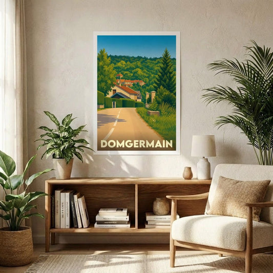 Affiche souvenir de la ville de Domgermain représentant une route de campagne et des paysages verdoyants dans un style graphique épuré.