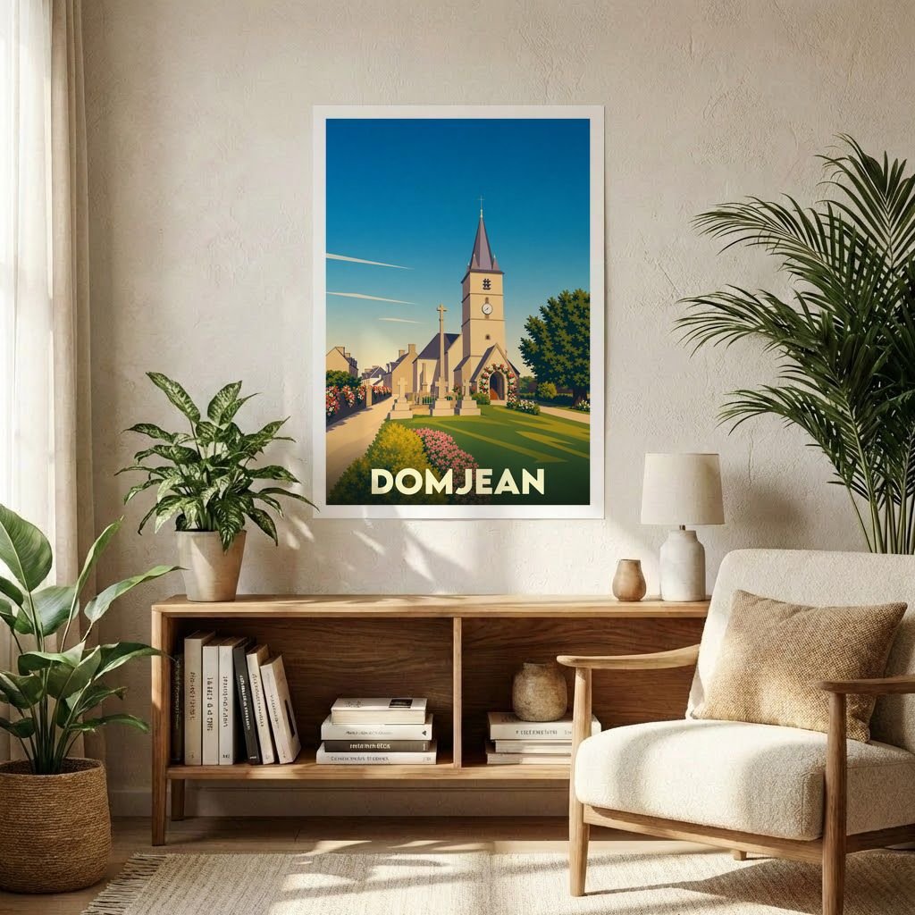 Affiche souvenir de la ville de Domjean avec une illustration stylisée de son église sous un ciel bleu.