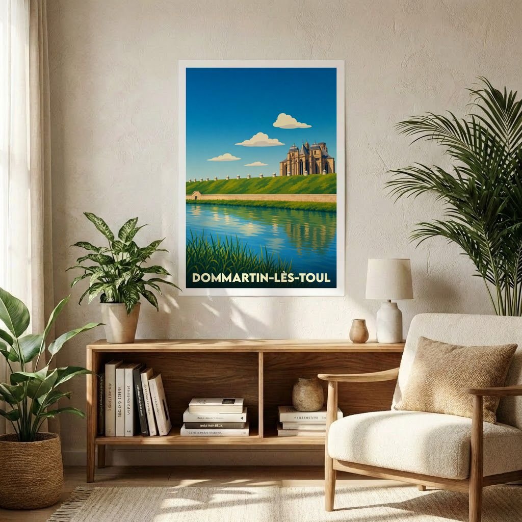 Affiche souvenir de la ville de Dommartin-lès-Toul avec une illustration stylisée d'un monument historique bordant l'eau.