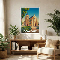 Affiche souvenir de la ville de Domont avec une illustration stylisée de son église.