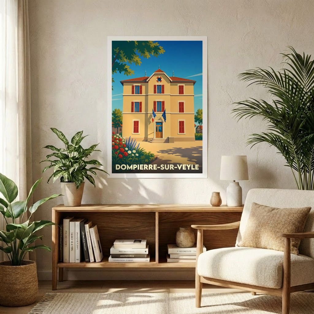 Affiche souvenir de la ville de Dompierre-sur-Veyle avec une illustration stylisée de sa mairie.